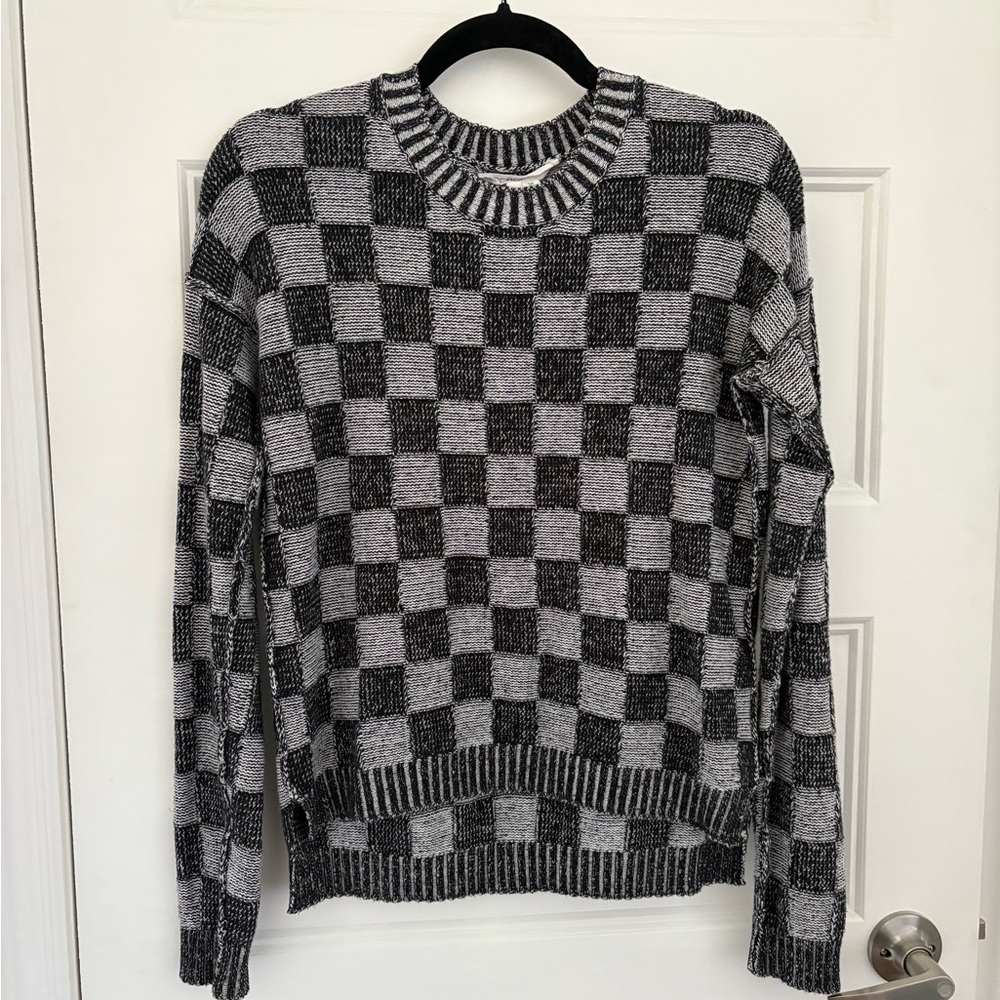 BCBGeneration Black and Gray Checkered Crewneck Sweater